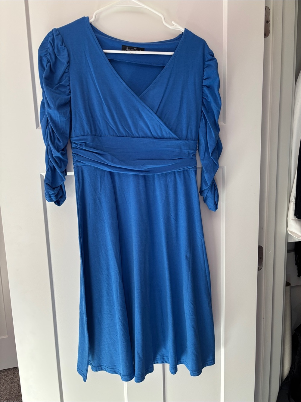 Royal Blue Ruched-Sleeve Wrap Midi Dress by